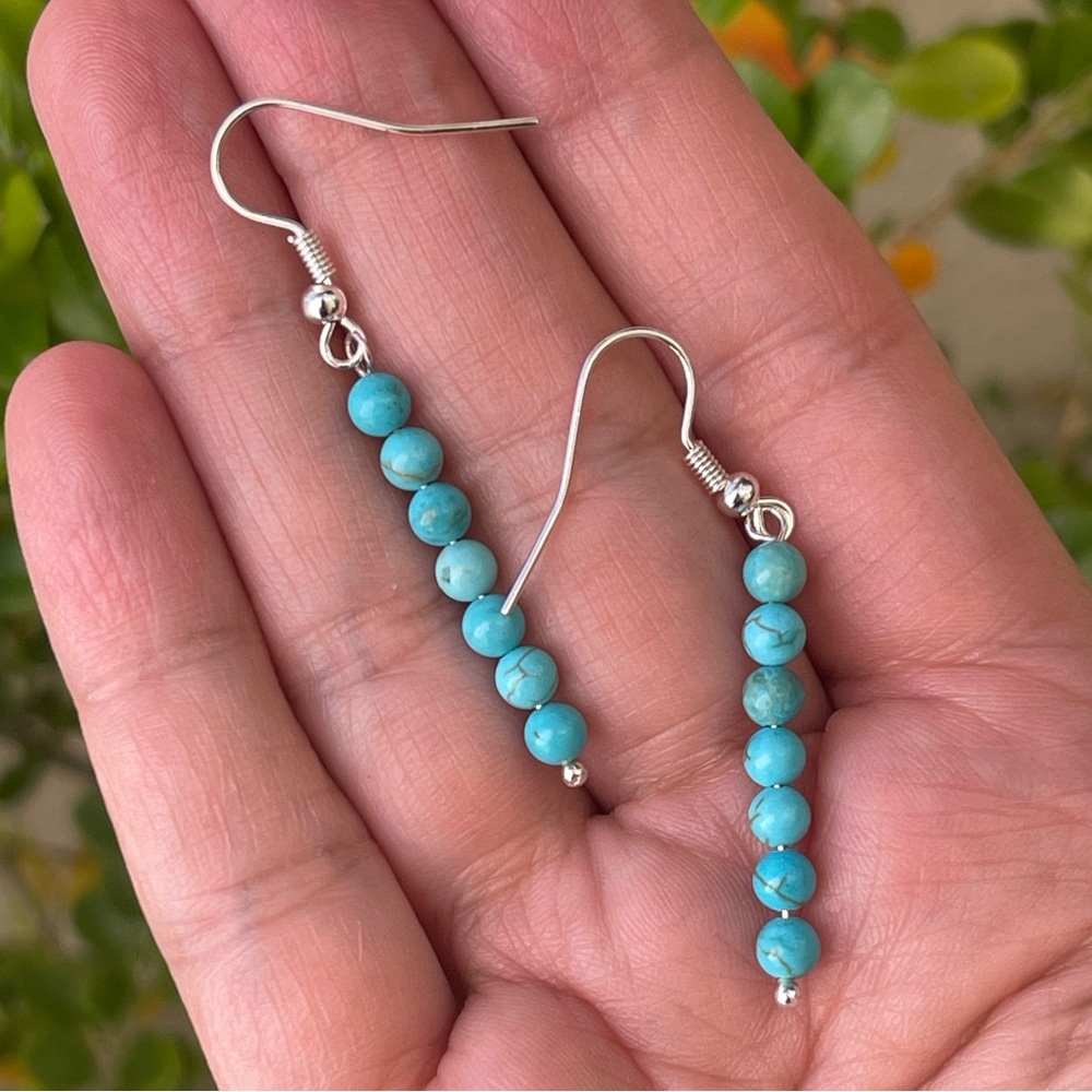 Howlite turquoise 4 mm bead silver drop earrings - Picture 2 of 8
